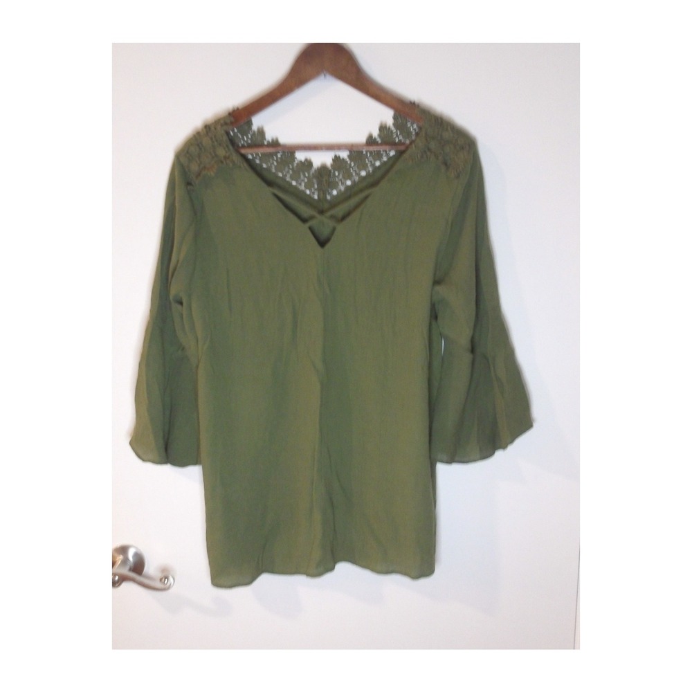 New Directions‎ Olive Green Blouse Criss Cross V Neck Top Size PXL / 5207